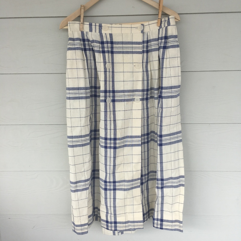 High Waisted Plaid Kilt Blue White Vintage